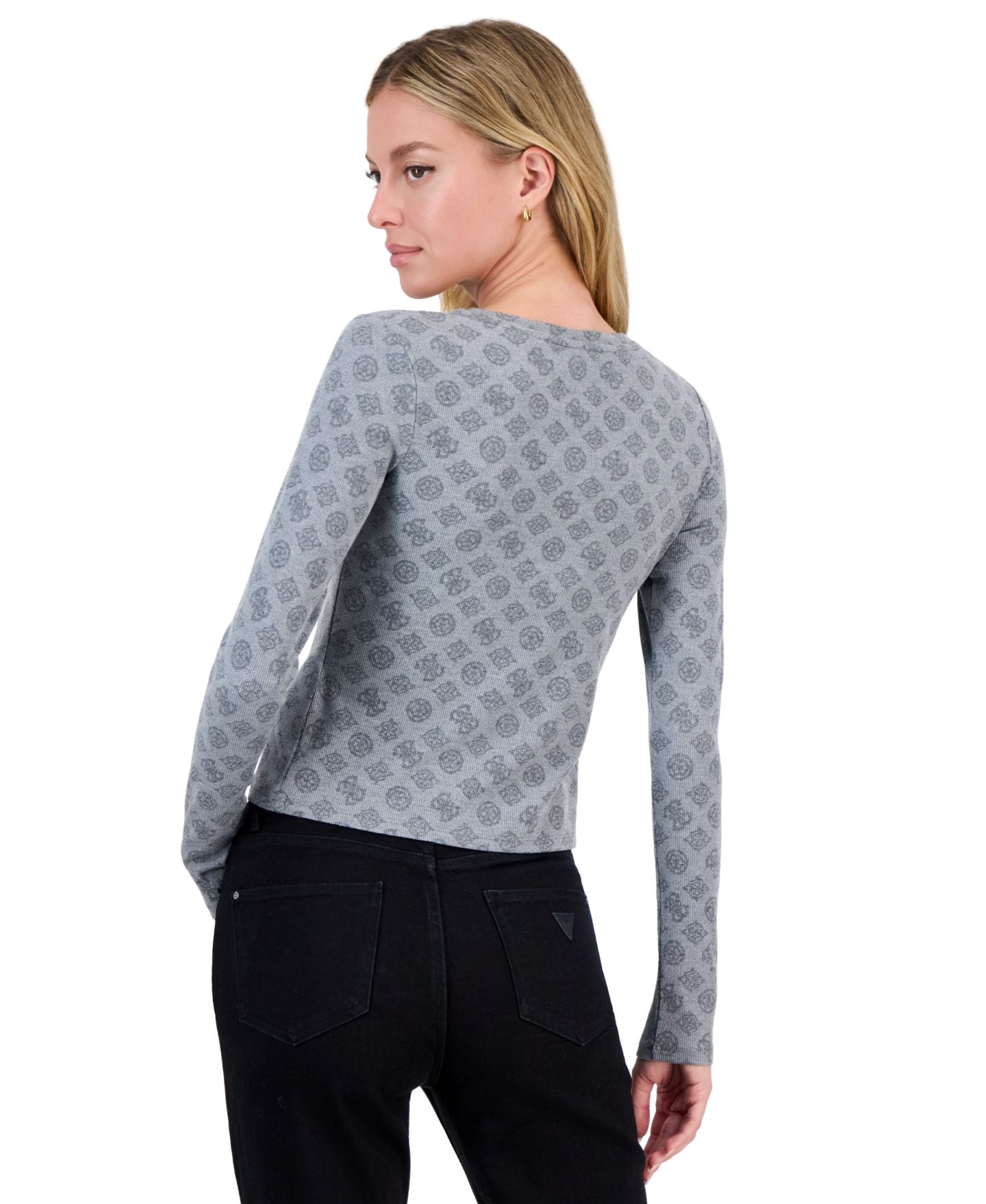 Женская футболка GUESS Fausta Allover Jacquard Logo Long-Sleeve Crewneck, цвет: Пионовый серый — фото 3
