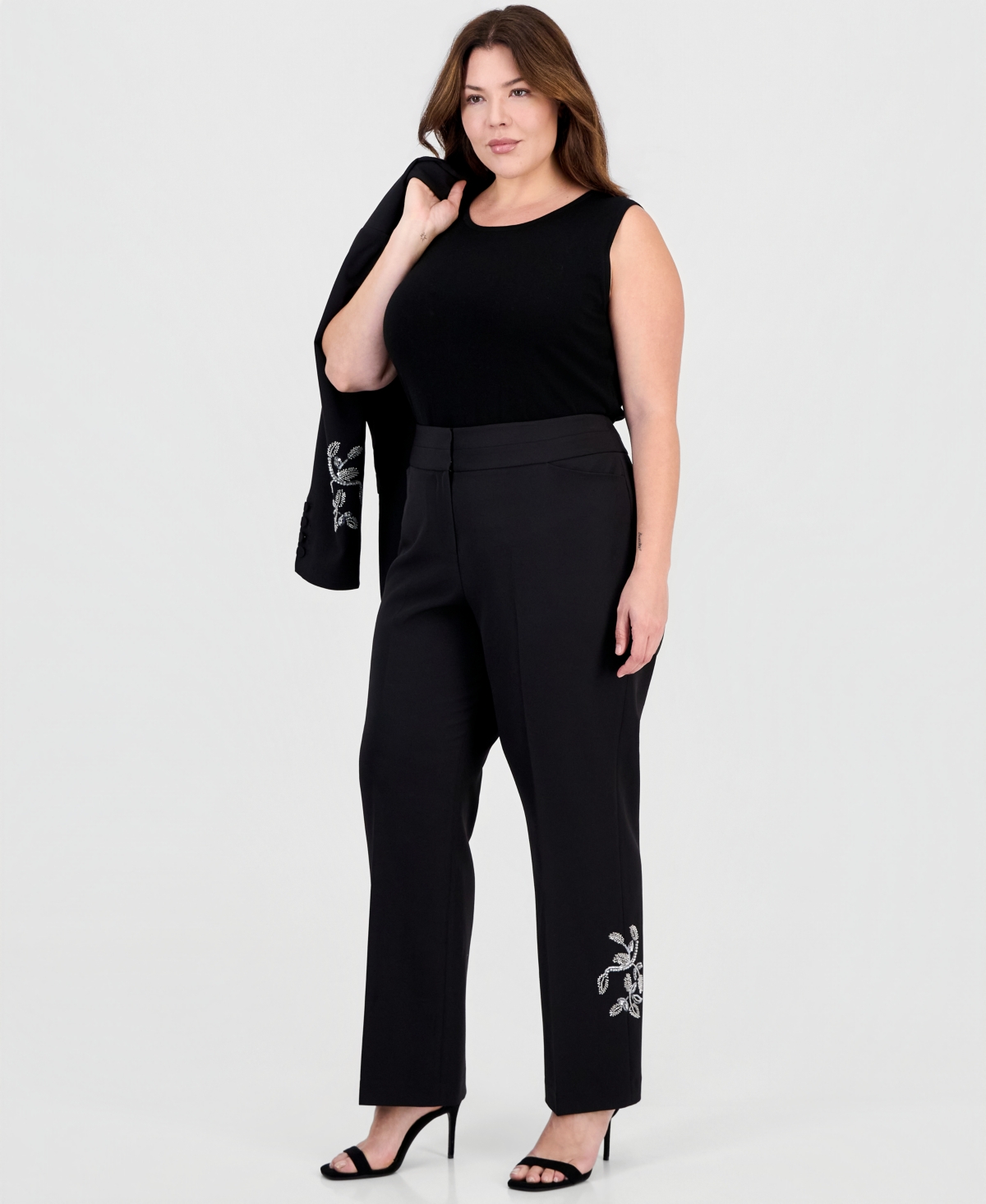 Tahari Plus Sequin Embellished Flare Mid-Rise Pants