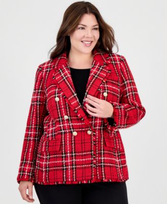 Plus Size Plaid Double-Breasted Blazer