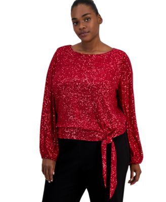 Plus Size Sequin Boat Neck Long-Sleeve Blouse