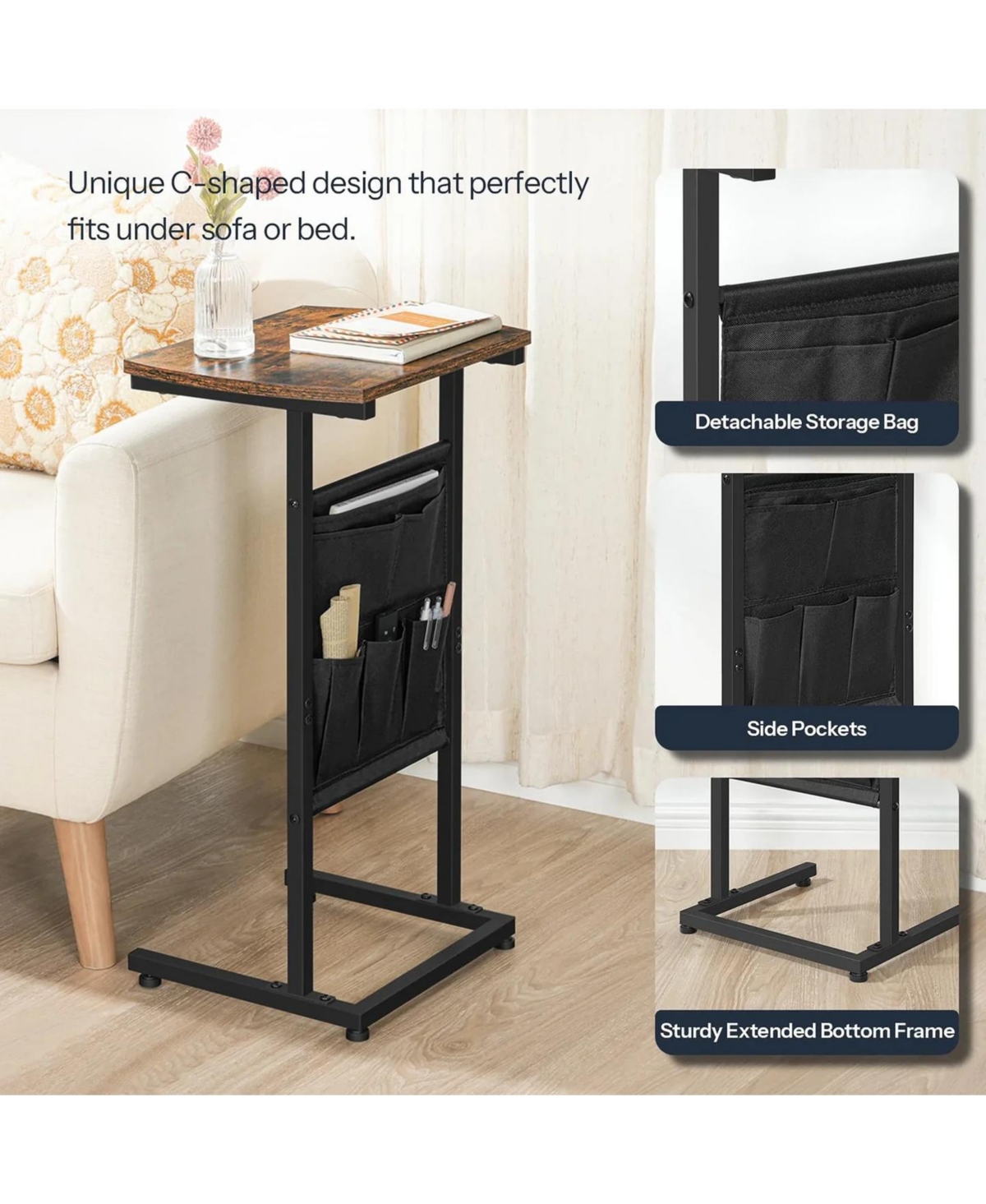 Slickblue C Shaped Side Table Set of 2 with Storage Bags Slim Snack Tables for Living Room