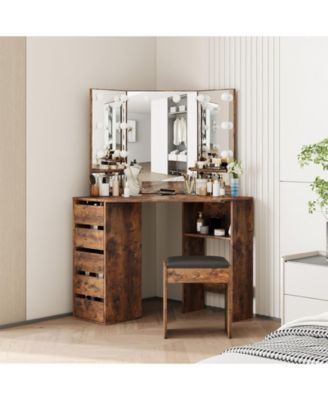 Space Saving Corner Makeup Vanity Desk with Tri-Fold 10 LED Bulb Mirror, 5 Drawers Charging Station for Bedroom Small Spaces