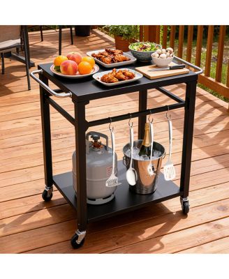 2-Tier Outdoor Grill Cart with Locking Wheels and Tool Hooks