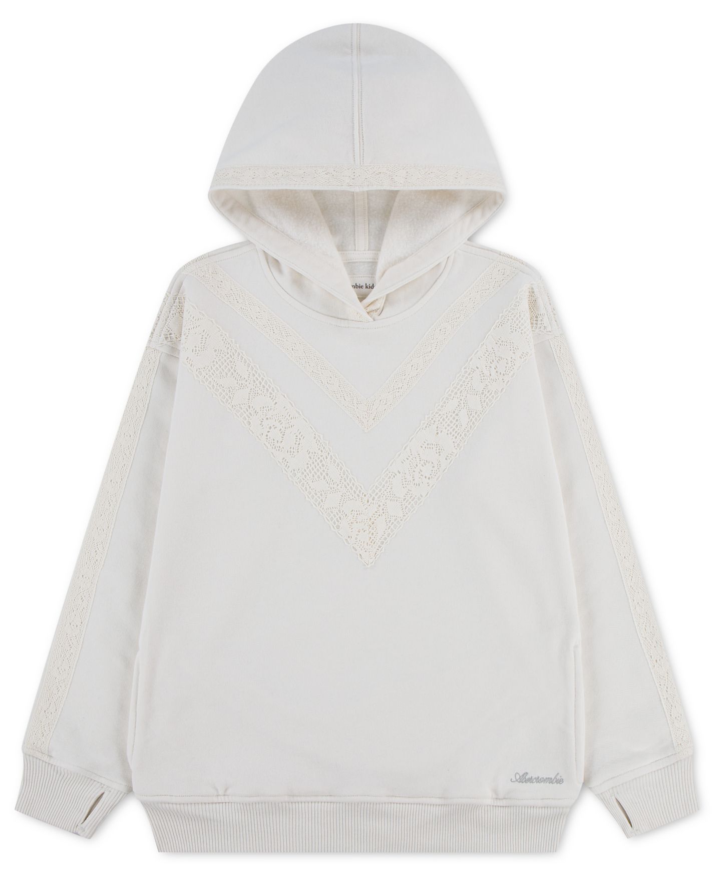 Худи abercrombie kids Essential Lace-Trimmed Long-Sleeve Hooded для девочек, цвет: Белый — фото 1