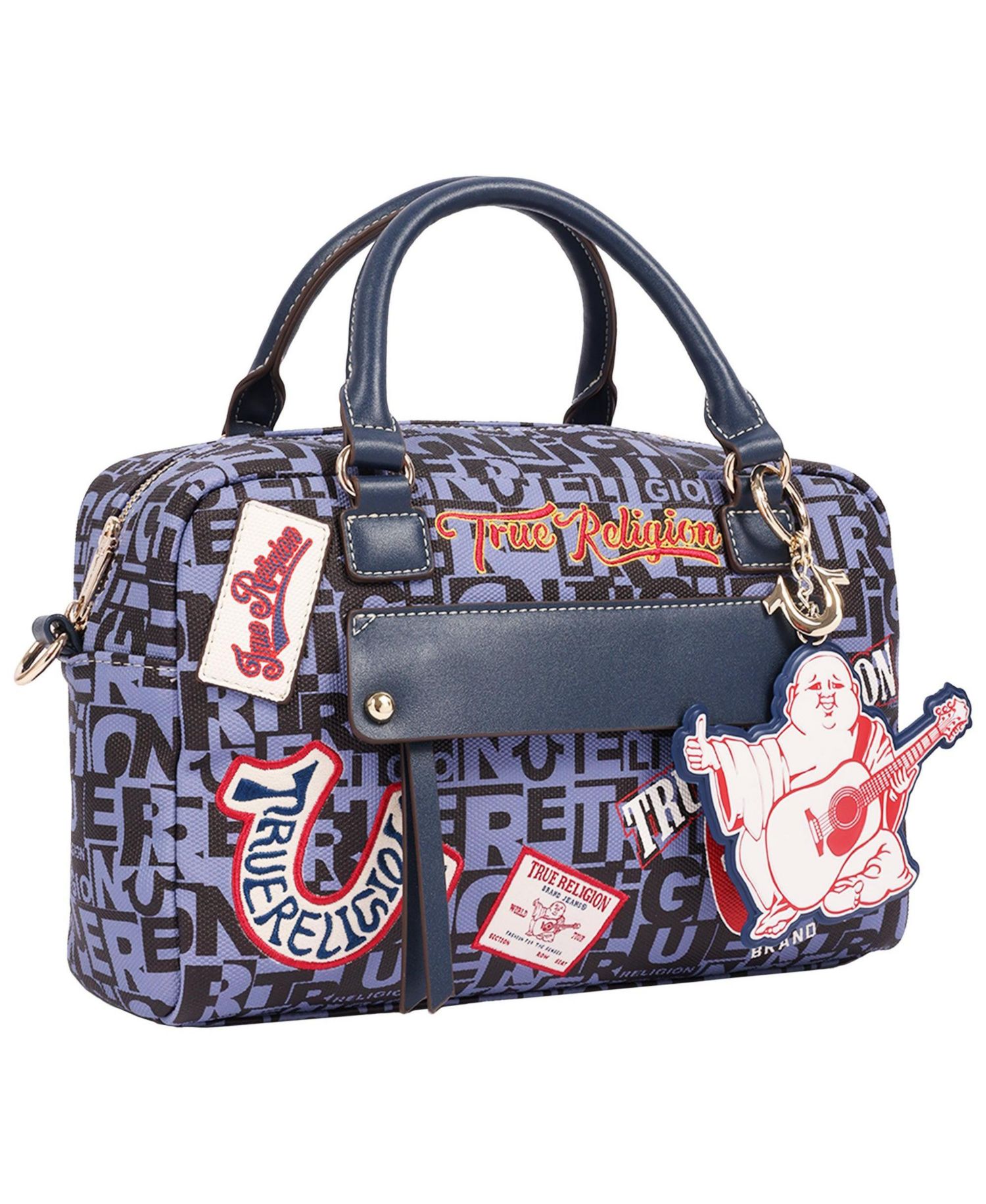 Women's Multi Patch Graphic Satchel Bag with Detachable Guitar Buddha Charm - Convertible Crossbody Handbag
