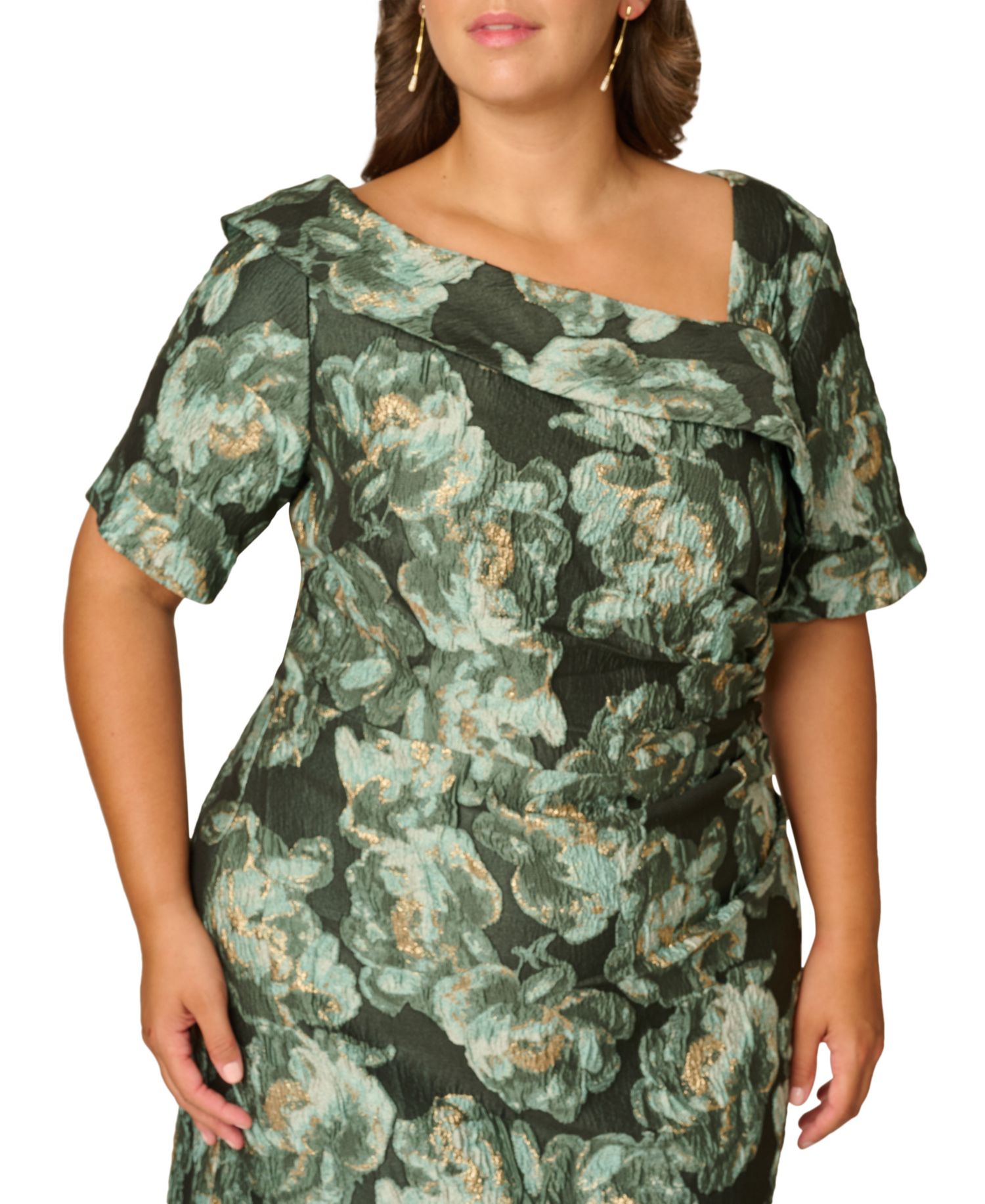 Plus Size Floral Asymmetrical Neckline Short Sleeve Gown