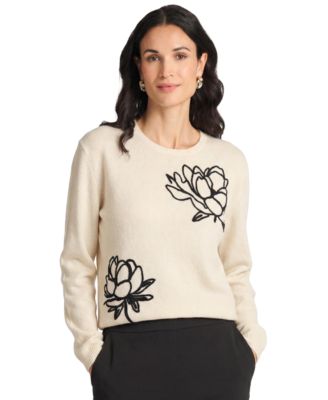 Women's Chenille Floral Embroidery Crewneck Sweater