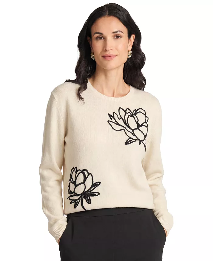 Women's Chenille Floral Embroidery Crewneck Sweater