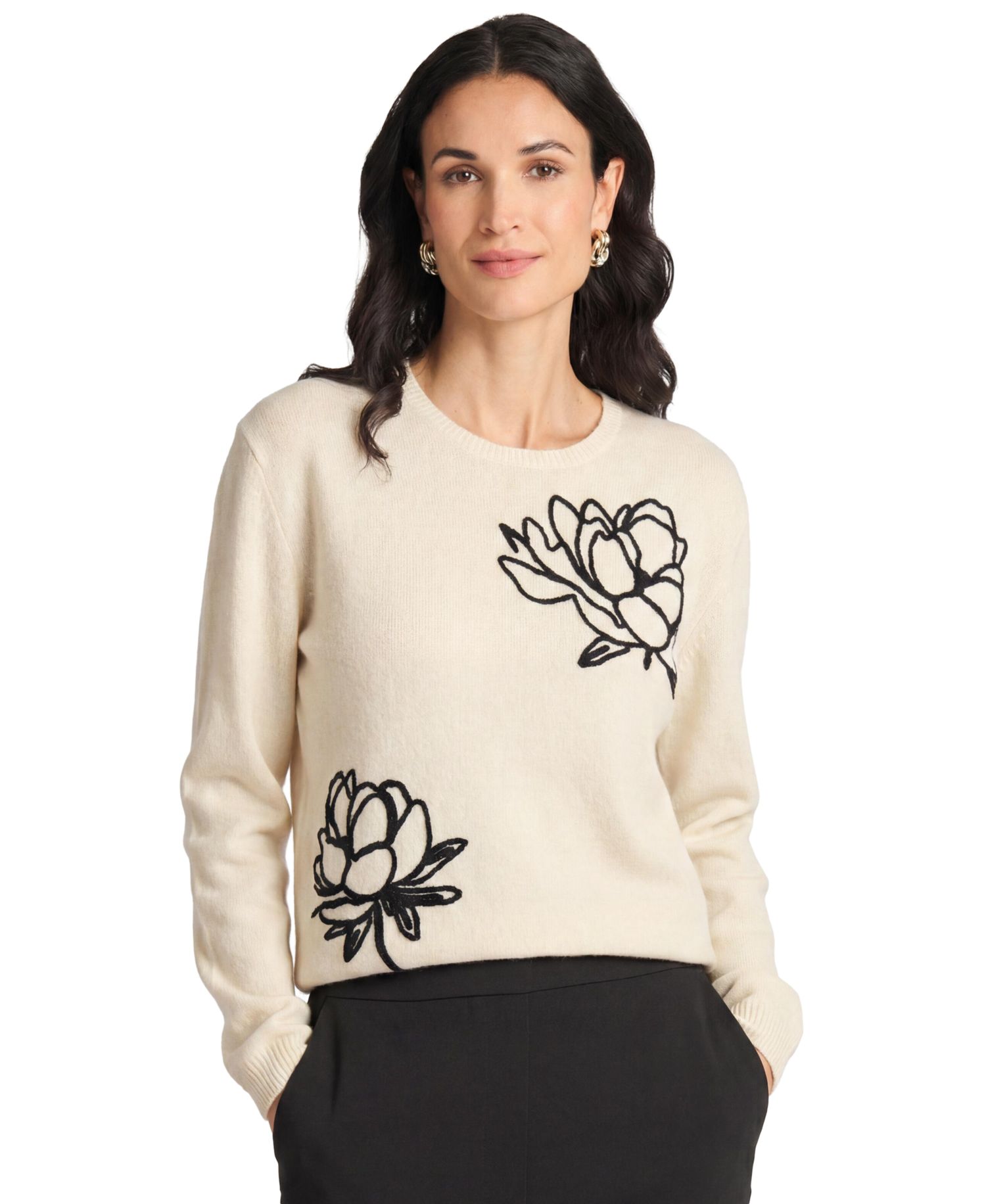 Women's Chenille Floral Embroidery Crewneck Sweater