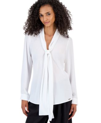 ASL Petite Tie-Front V-Neck Long-Sleeve Blouse