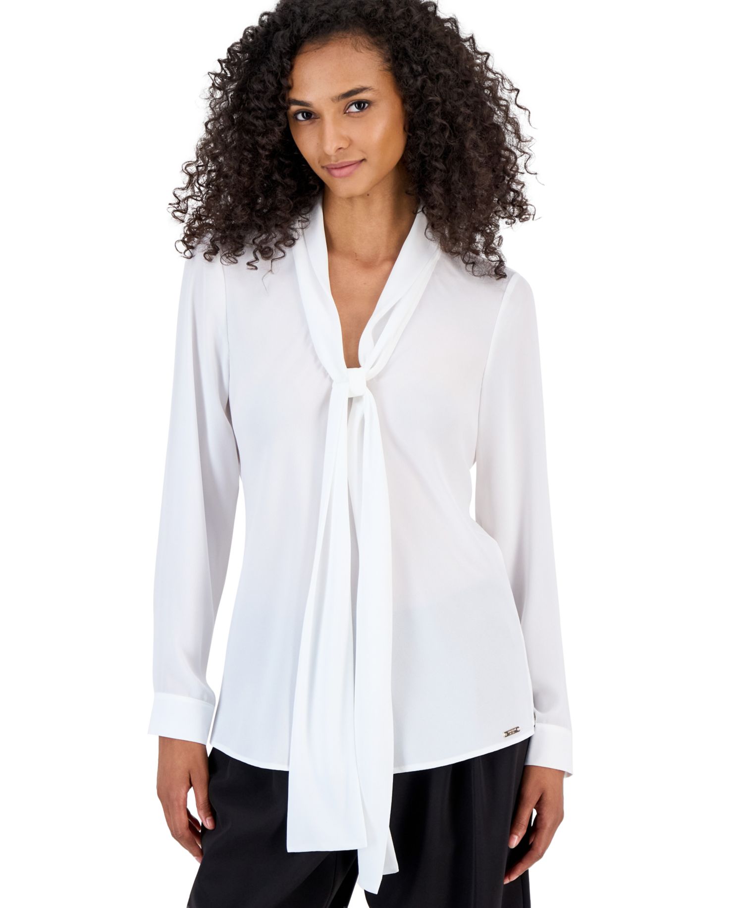 ASL Petite Tie-Front V-Neck Long-Sleeve Blouse