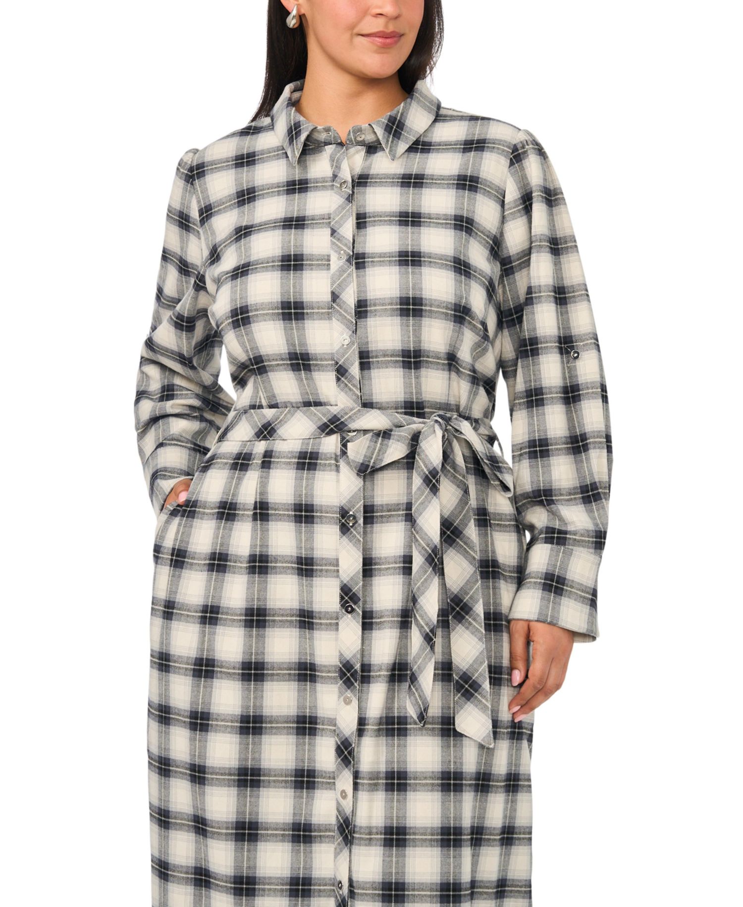 Plus Size Plaid Midi Loose-Fit Shirt Dress