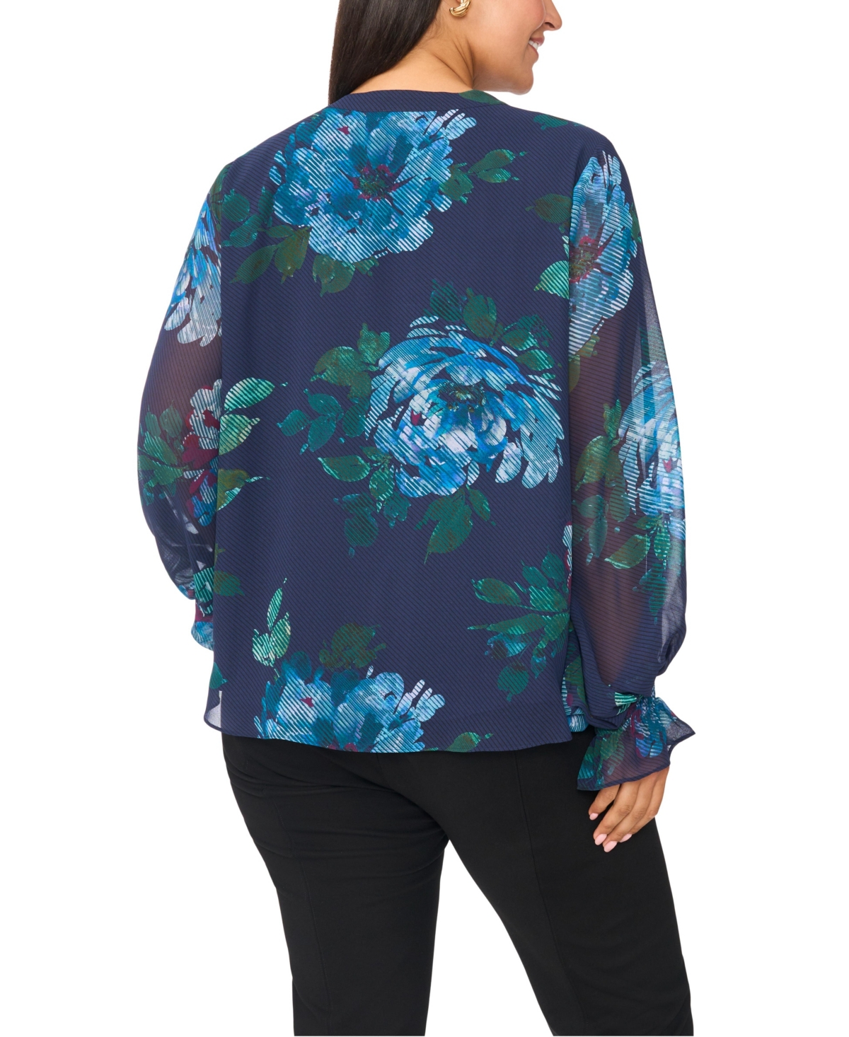 Vince Camuto Plus Split-Neck Floral-Print Long-Sleeve Blouse