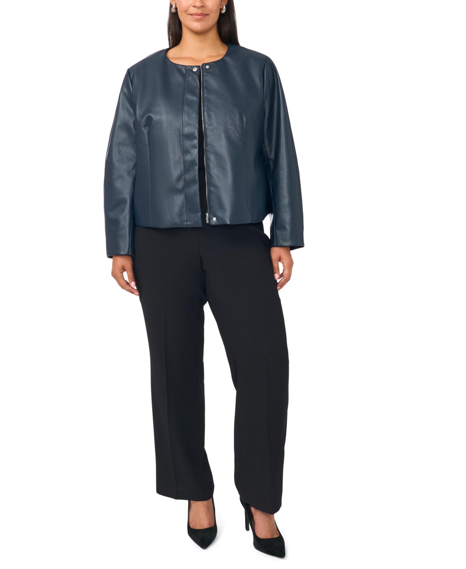 Plus Size Balloon Sleeve Faux Leather Crewneck Jacket