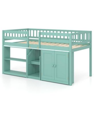 Twin Size Low Loft Bed with LED Lights Bookshelf Cabinet and Wide Stairs