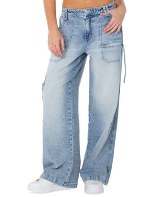Juniors' Baggy Wide-Leg Light-Wash Cargo Jeans