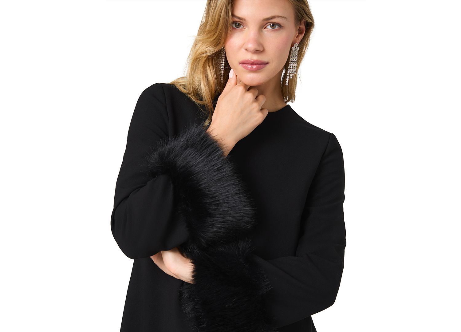 Women's Whisper Faux-Fur-Trimmed A-Line Long-Sleeve Dress