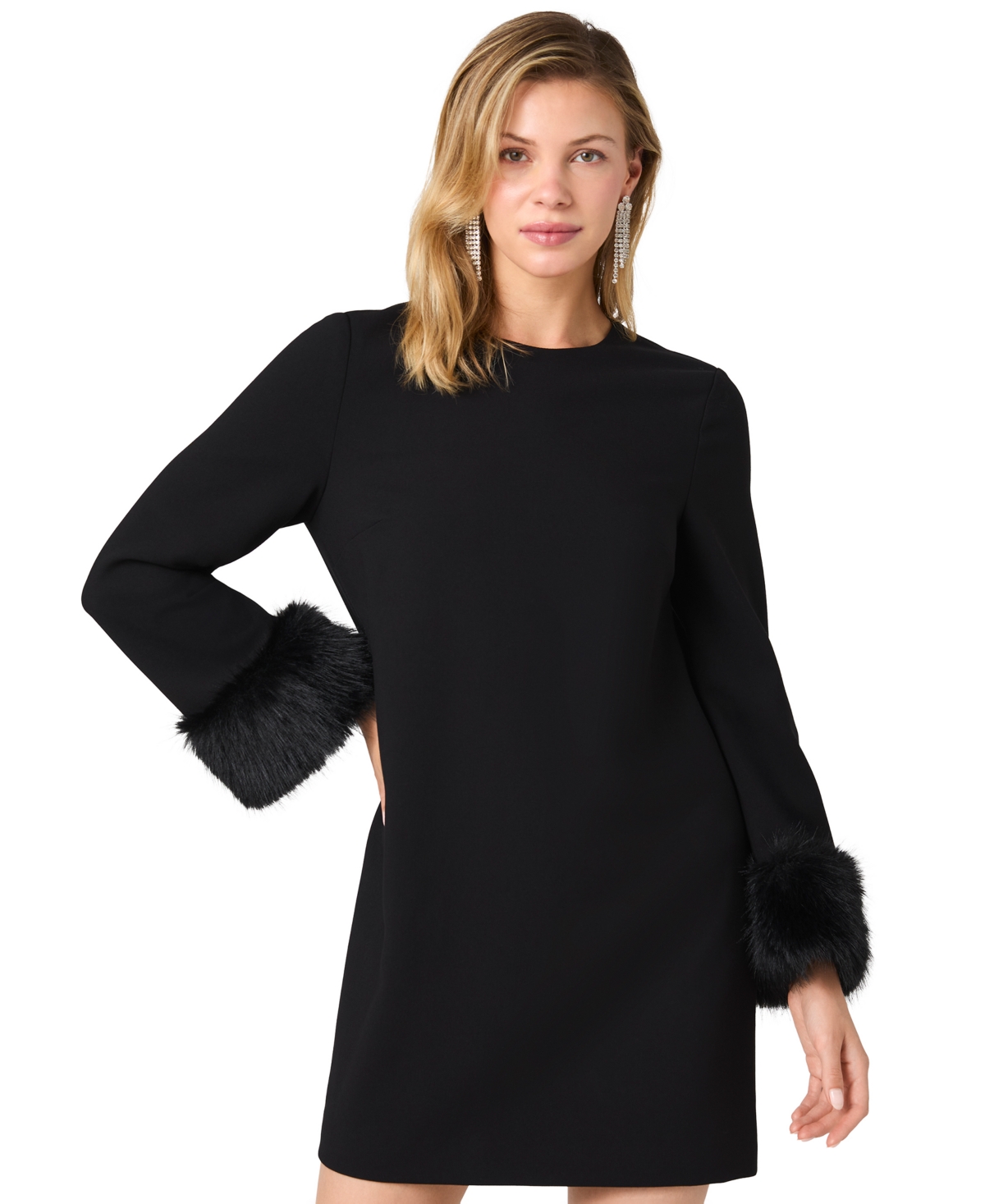French Connection Women's Whisper Faux-Fur-Trimmed A-Line Long-Sleeve Dress