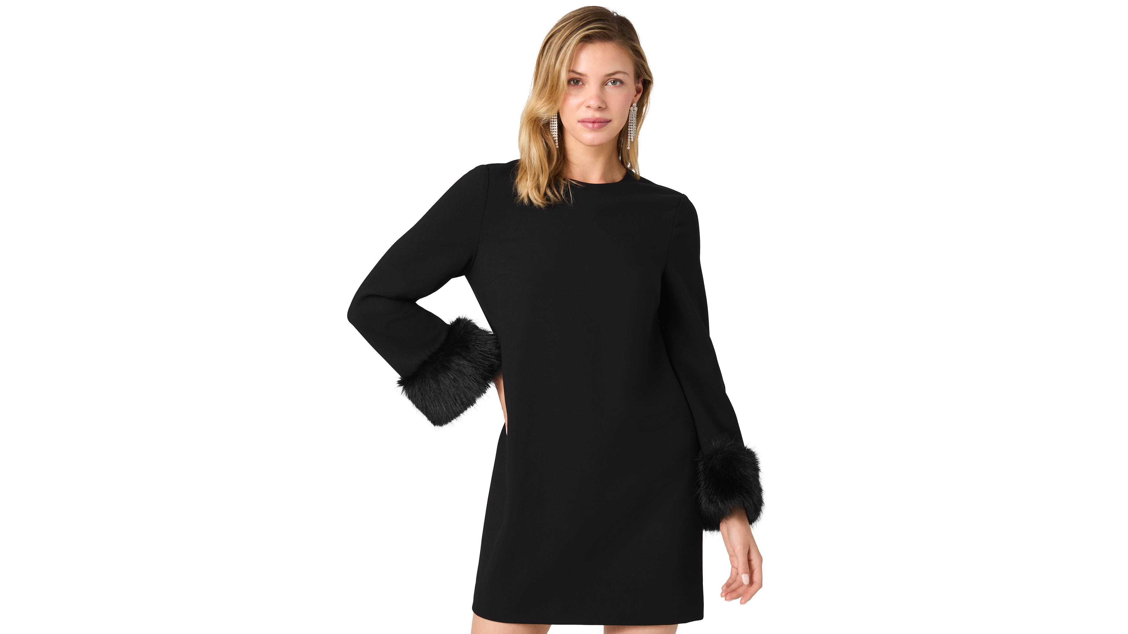 French Connection Women's Whisper Faux-Fur-Trimmed A-Line Long-Sleeve Dress