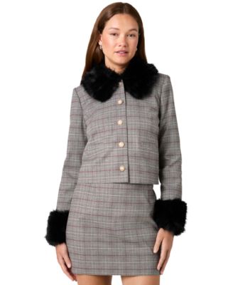 Women's Leonie Tartan Plaid Cropped Faux-Fur-Trim Coat