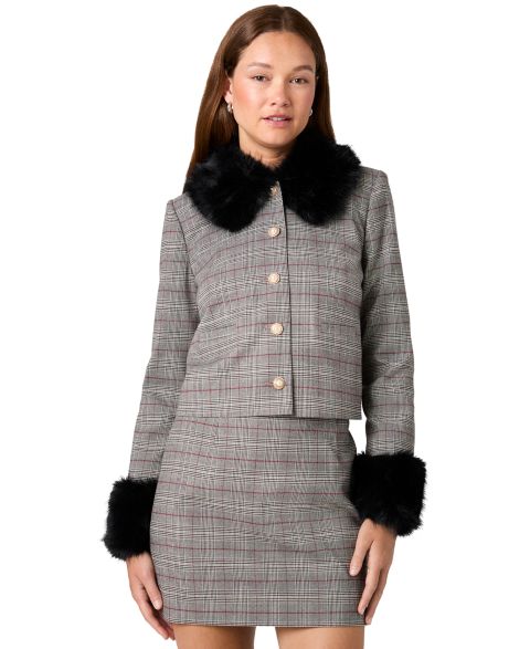 Женское пальто French Connection Leonie Tartan Plaid Cropped Faux-Fur-Trim, цвет: Клетчатый