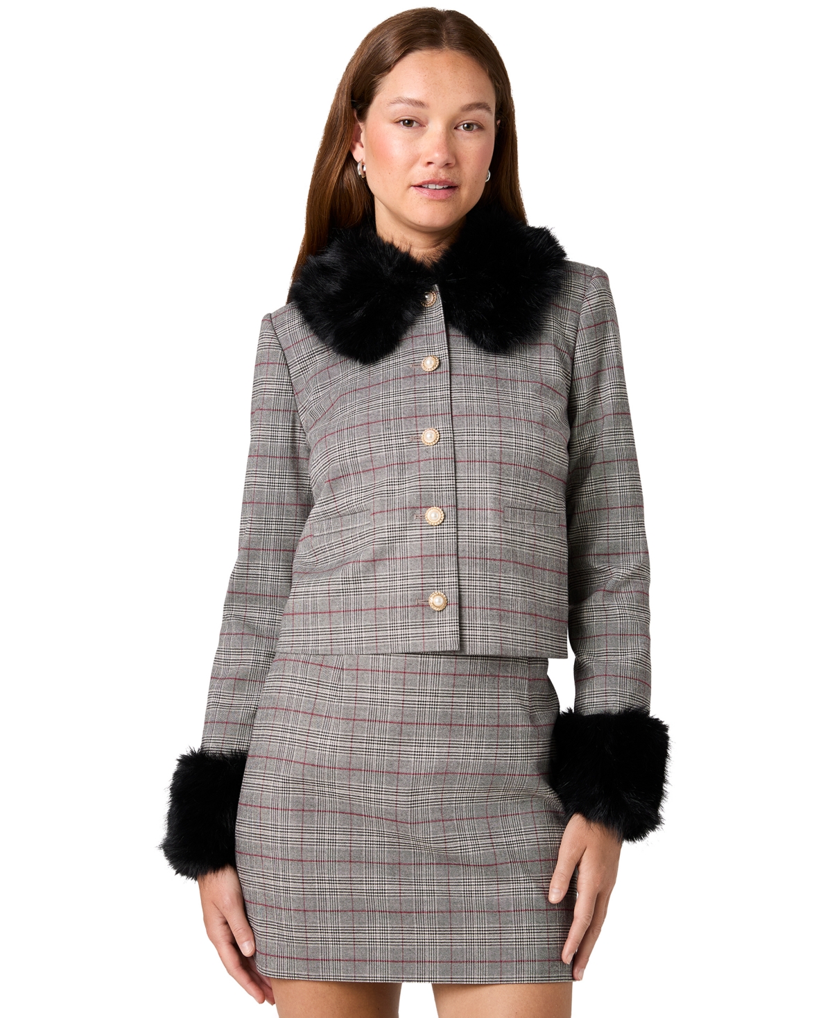 French Connection Women's Leonie Tartan Plaid Cropped Faux-Fur-Trim Coat - Leonie Plaid
