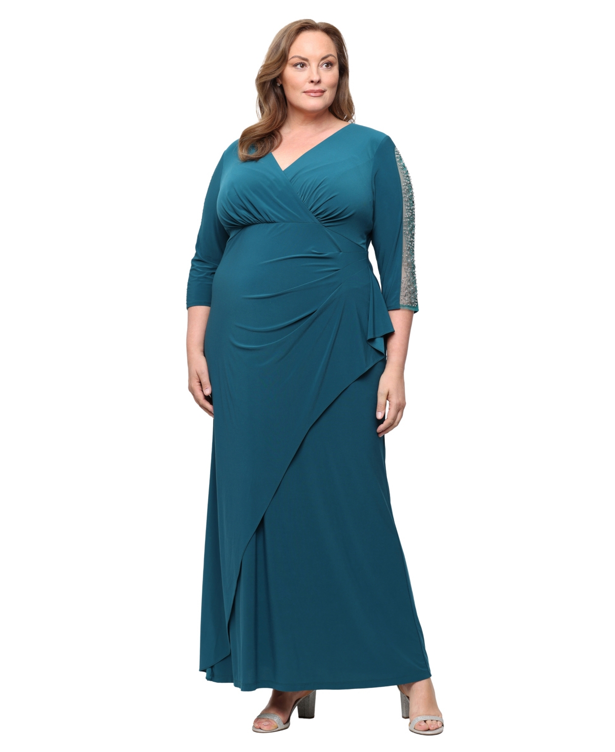 Sl Fashions Plus Size V-Neck Long-Sleeve Embellished Gown - Mallard