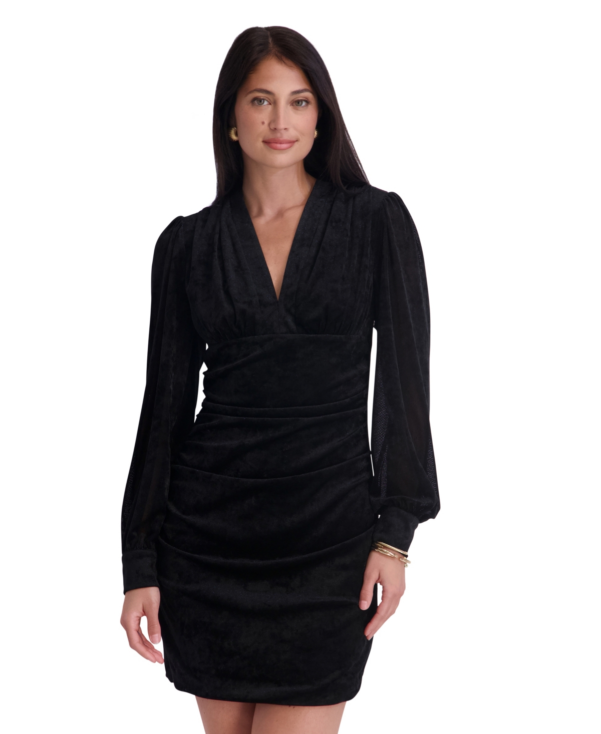 Siena Women's Velvet Mesh V-Neck Ruched Long-Sleeve Mini Dress - Black