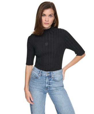 Women's Elbow Sleeve Wide Rib Mock Neck Cotton Rib Knit Sweater