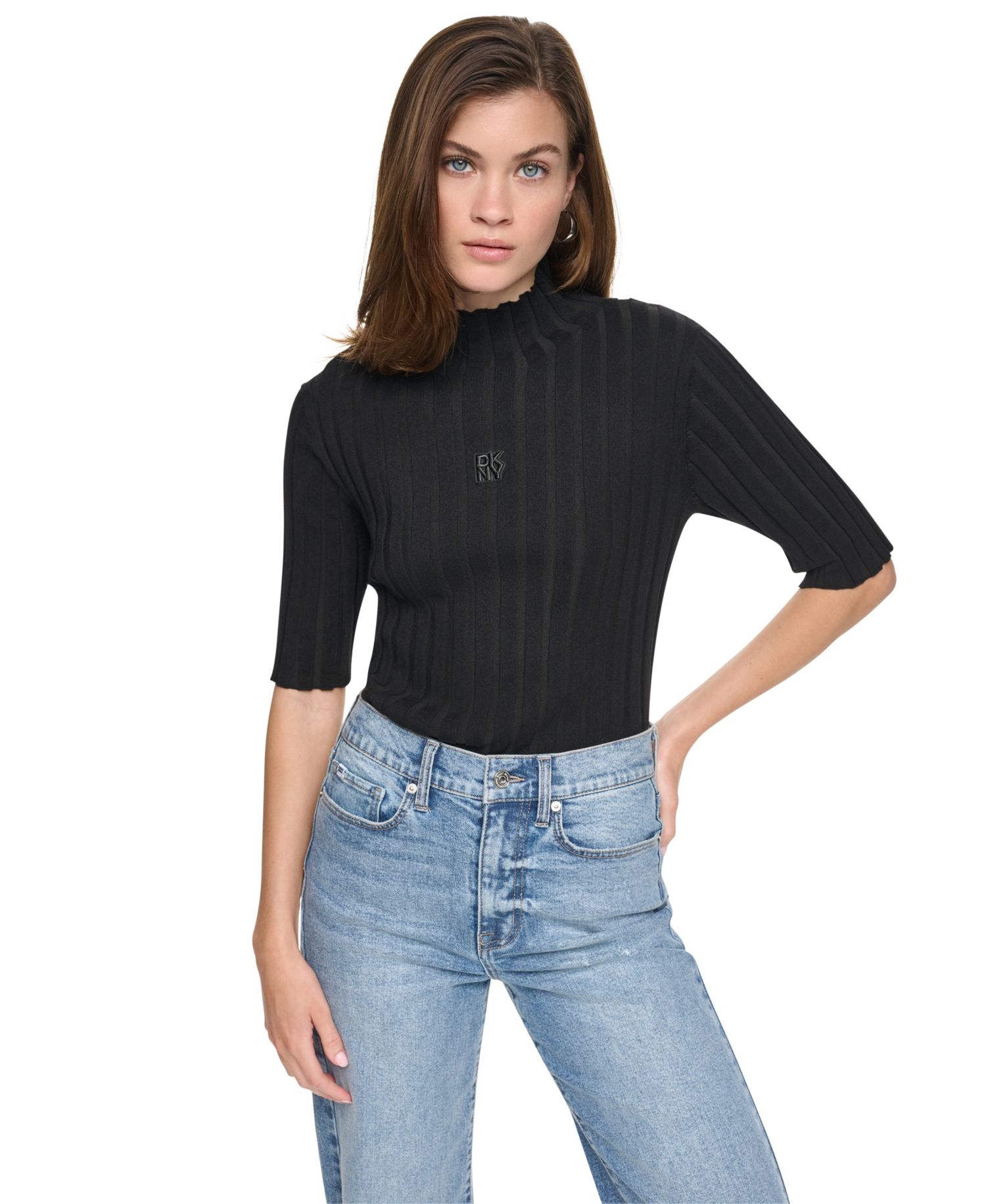 Women's Elbow Sleeve Wide Rib Mock Neck Cotton Rib Knit Sweater