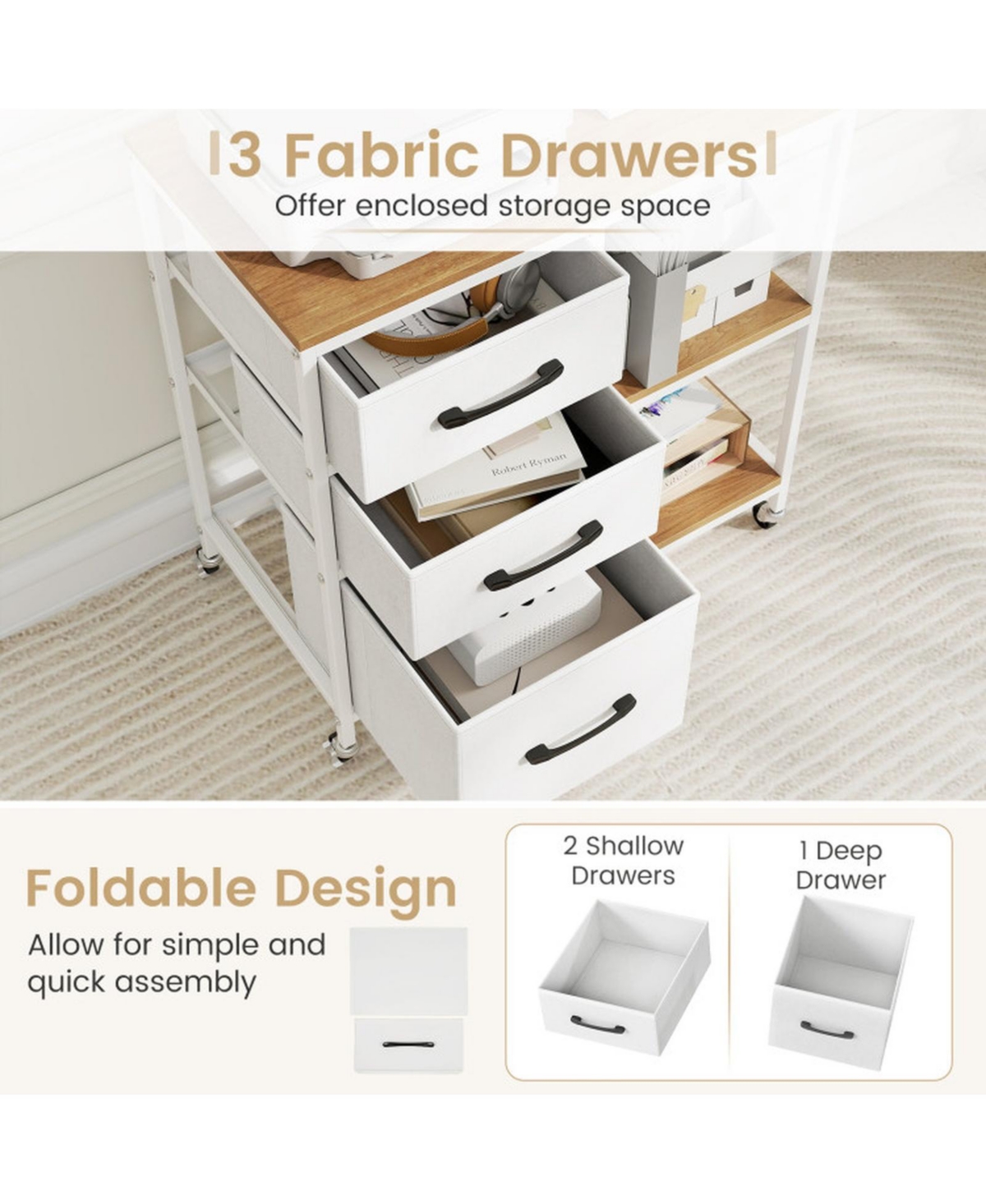Sugift 3-Drawer Mobile File Cabinet with Charging Station and Open Printer Shelves