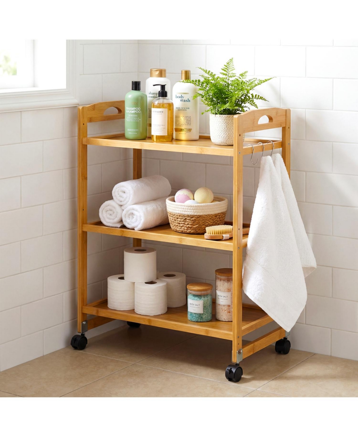 Mecale 3-Tier Bamboo Rolling Cart with Adjustable Shelves