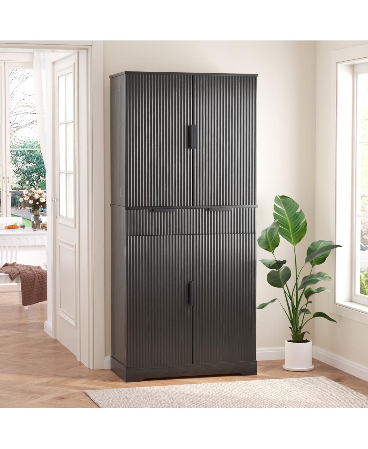 Streamdale Furniture 72" Fluted Kitchen Pantry Cabinet with 6 Doors and 3 Drawers - Black