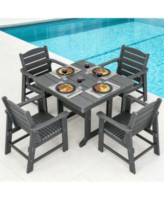 5-Piece HDPE Weather Resistant Patio Dining Set, Poly Lumber Table and Chairs with Umbrella Hole for Outdoor Garden Yard Lawn