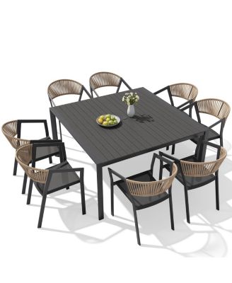 Patio Dining Set with Square WPC Table Aluminum Frame Wicker Armchairs
