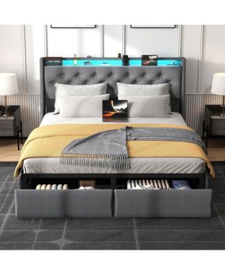 LED Tufted Linen Platform Bed Frame with Drawers and USB Charging