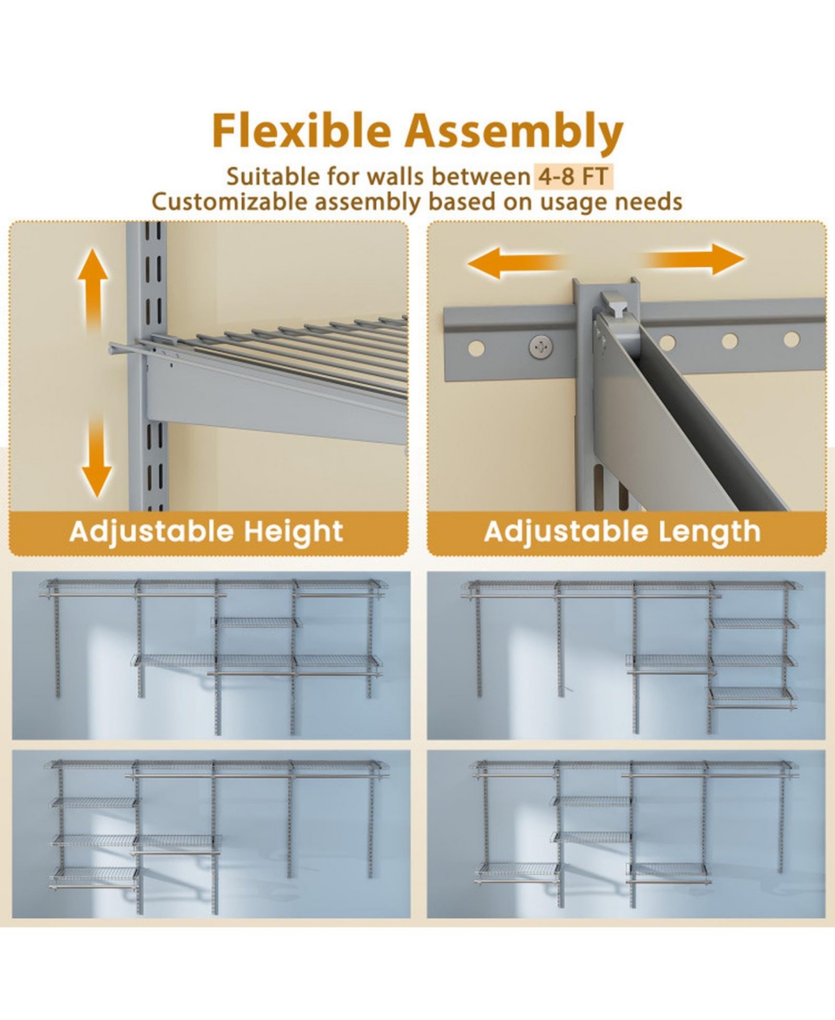 Sugift 4 to 8 Feet Closet Organizer System with Hanging Rods and 7 Storage Shelves Wall Mounted