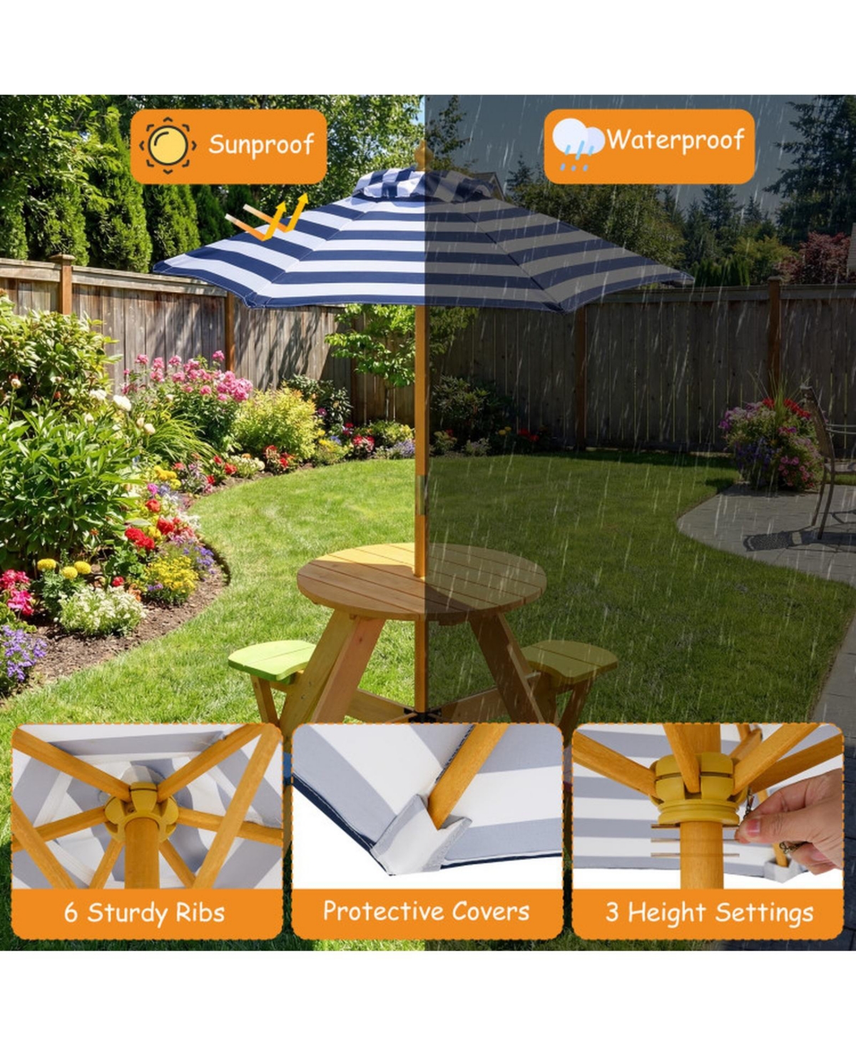 Sugift Kids Round Picnic Table with 4 Built-In Stools and Height Adjustable Umbrella