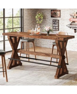 Solid Wood Bar Table, 63" Farmhouse Counter Height Pub Table with Sturdy X-Base, Rectangular High Top Dining Tables for Home Bar, Kitchen