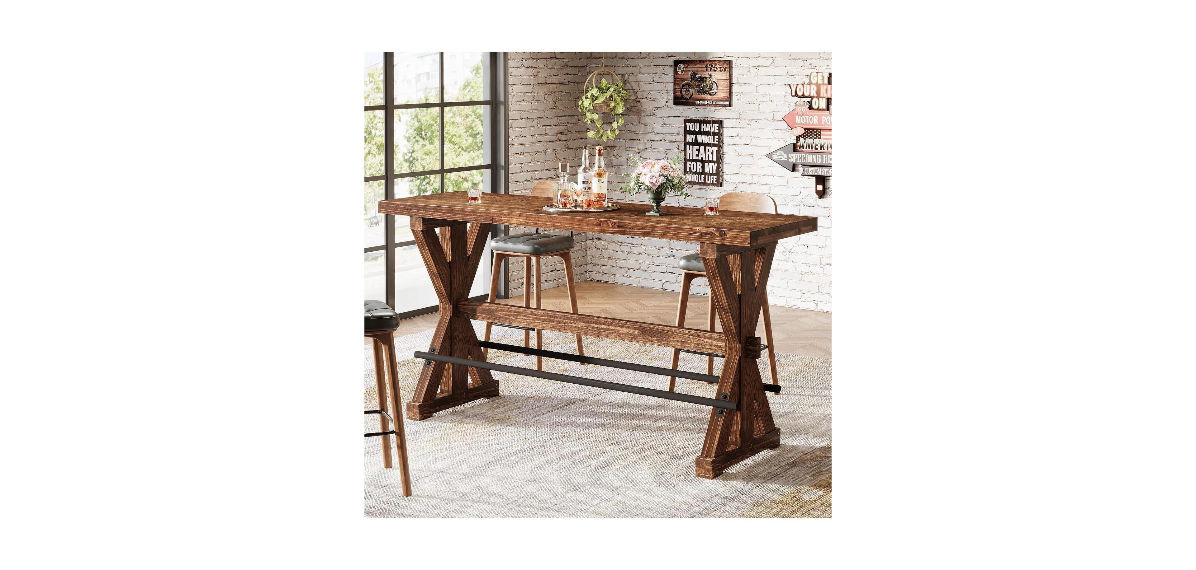 Tribesigns Solid Wood Bar Table, 63" Farmhouse Counter Height Pub Table with Sturdy X-Base, Rectangular High Top Dining Tables for Home Bar, Kitchen