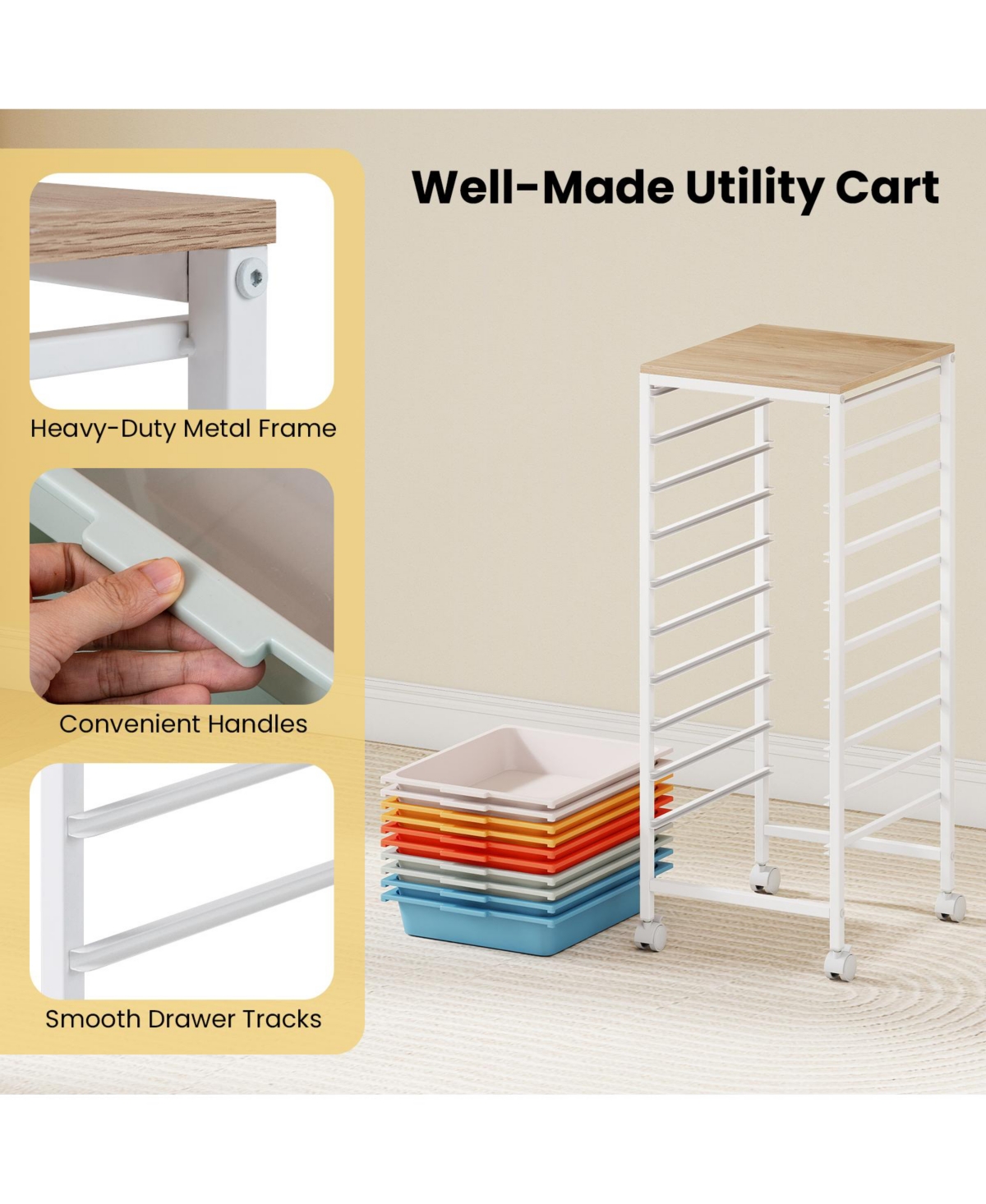 Mecale 10-Drawer Rolling Storage Cart with Wooden Tabletop