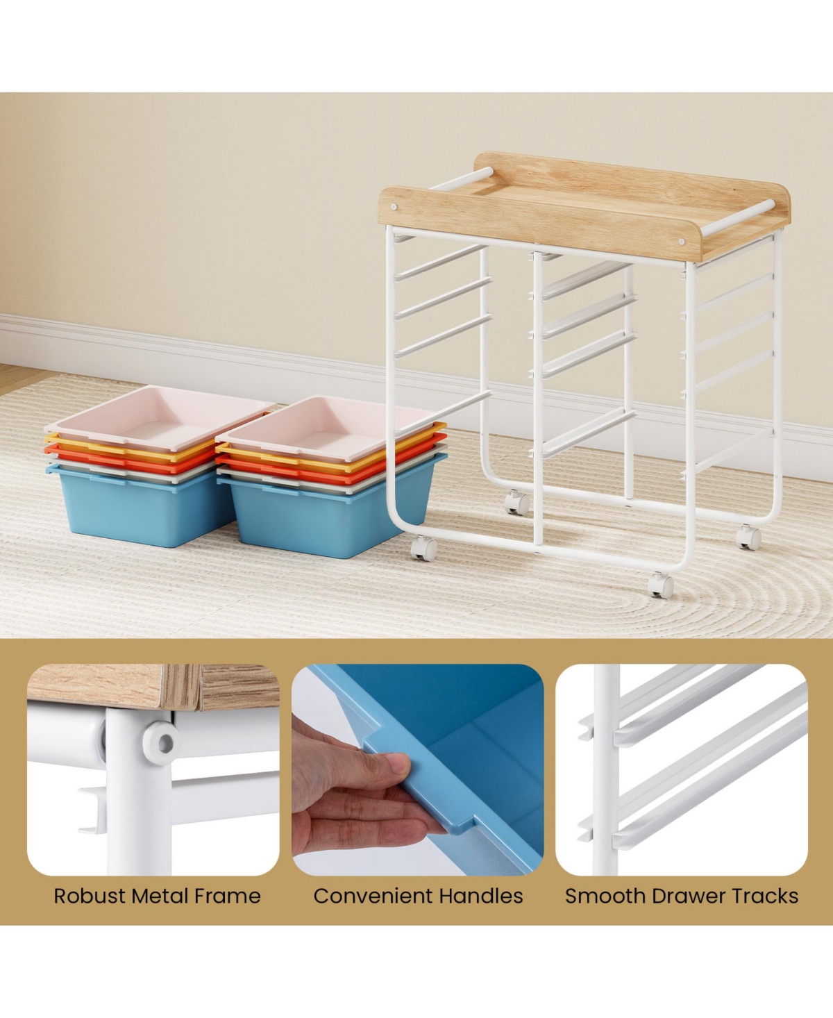 Mecale 10-Drawer Rolling Cart with Raised-Edge Wooden Top