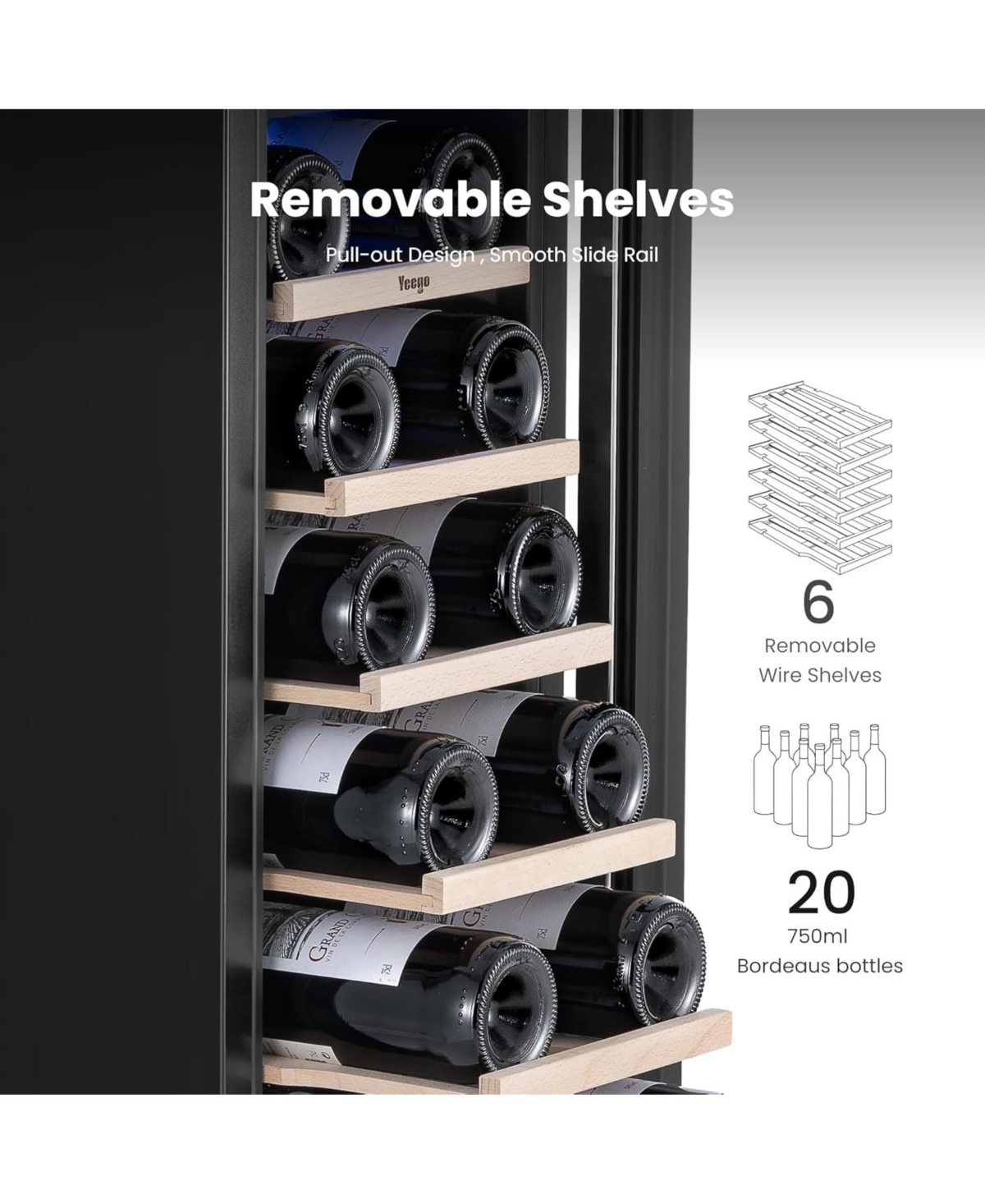 Yeego 12 Inch Wine Cooler 20 Bottle, Built-in/Freestanding Glass Door Fridge 40-65degree(s)F,For White,Red,Champagne With 3 Led Lights