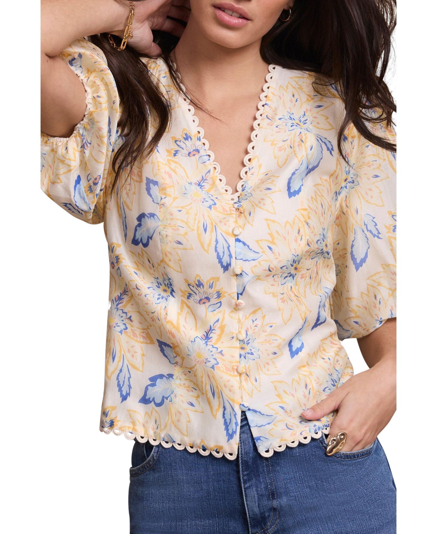 Women's Floral Puff-Sleeve Button-Front Lyocell-Blend Blouse