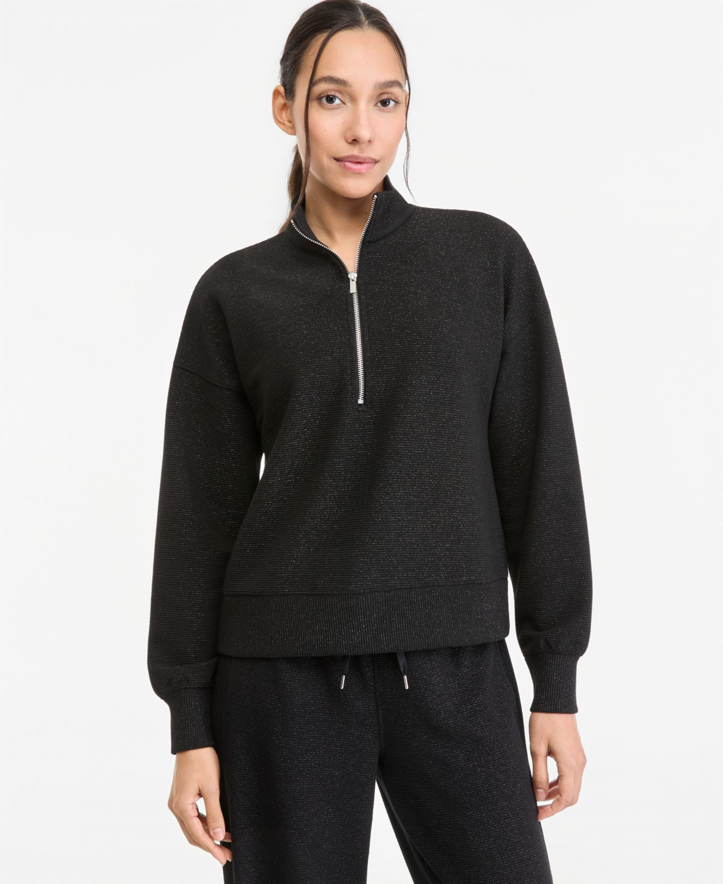 Женский свитер ID Ideology Shine Ottoman-Rib 1/2-Zip Mock-Neck Pullover, цвет: Глубокий чёрный — фото 1