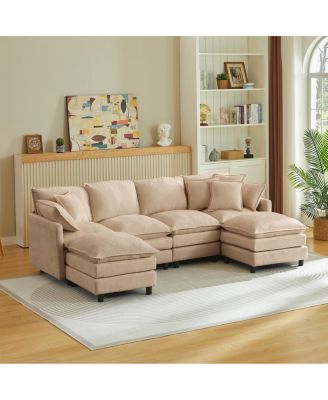  Modular 4-Seater U-Shaped Chenille Sectional Sofa with Ottoman, Coffee