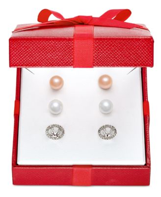 6-Pc. Set White and Pink Cultured Freshwater Pearl (7mm) Stud Earrings with Interchangeable Diamond (1/5 ct. t.w.) Earring Jacket in 14k White Gold