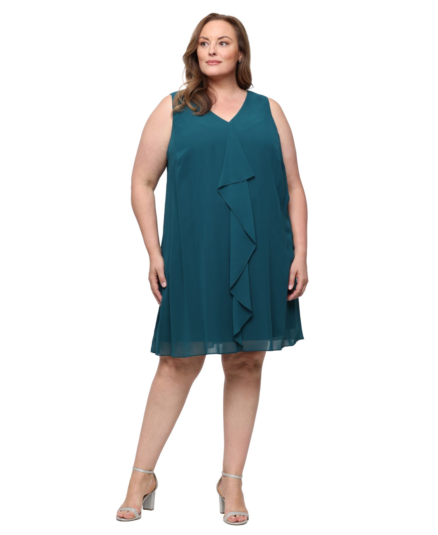 Plus Size V-Neck Beaded-Shoulder Chiffon Dress