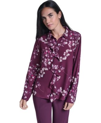 Women's Floral-Print Ruffled-Front Long-Sleeve Blouse