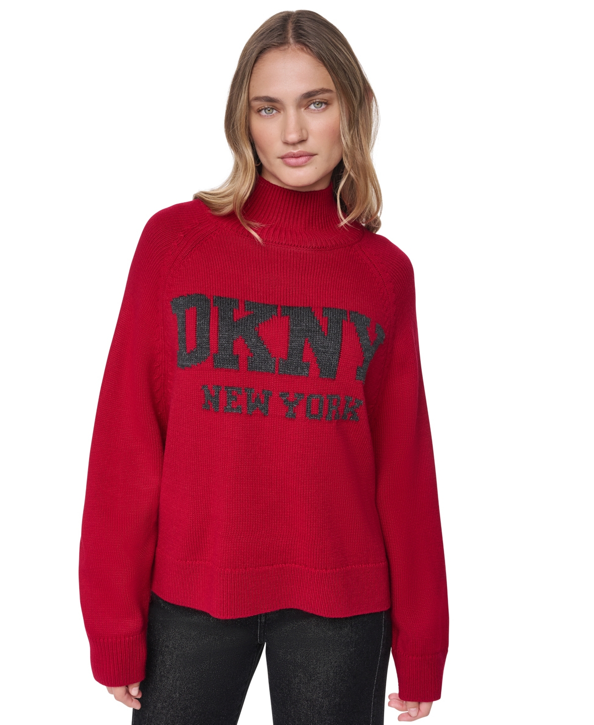 Dkny Jeans Women's Easy Mock-Neck Long-Sleeve Raglan Sweater - Ruby/slate Heather